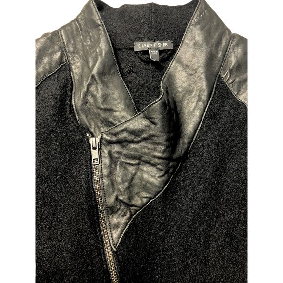 Eileen Fisher Green Eileen Merino Wool Jacket with Leather Trim – Black, Size XL - Picture 7 of 8
